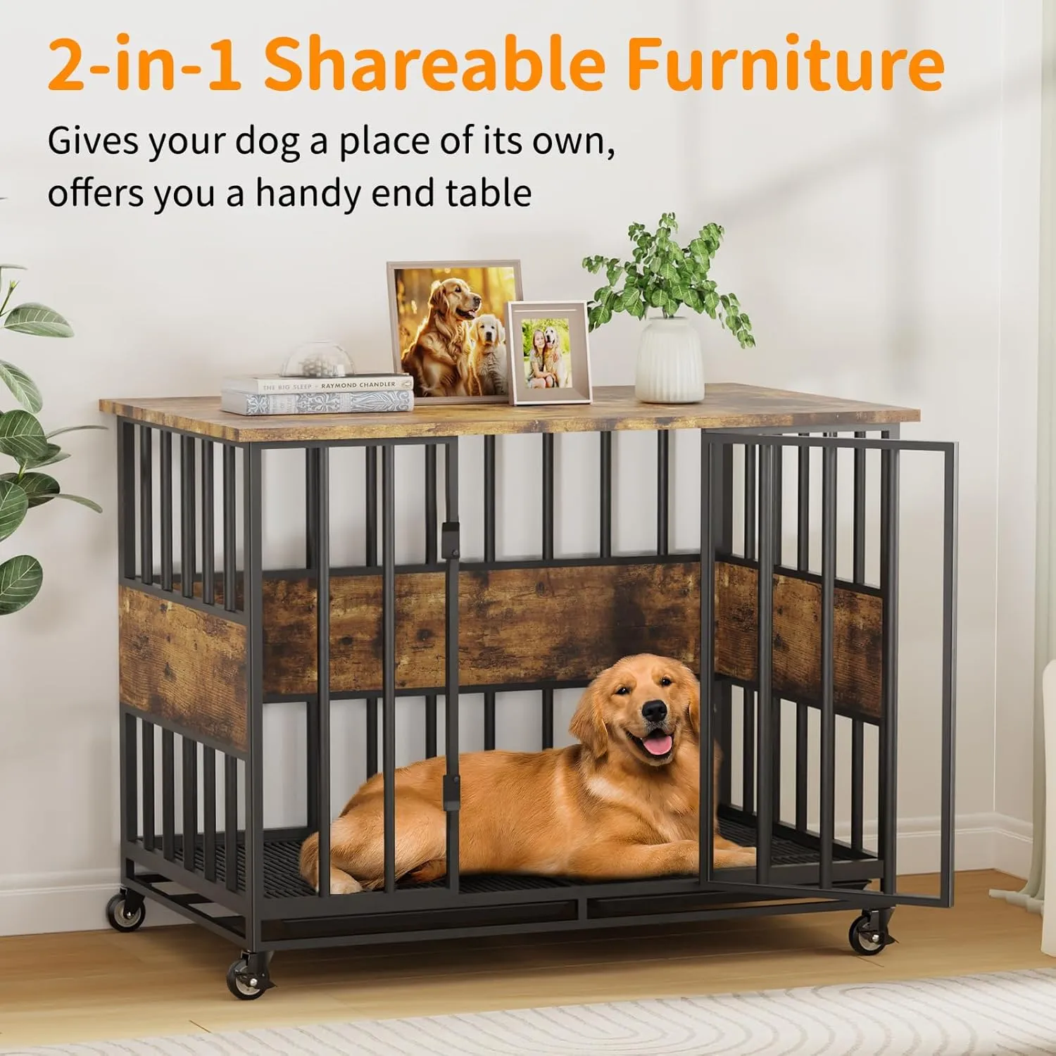 47" Dog Crate Furniture with Wheels, Dog Kennel Indoor with Double Trays, Farmhouse Decorative Wooden Dog Cage Table with Chew-Resistant, Rustic Brown