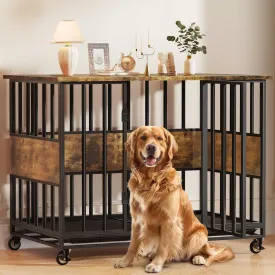 47" Dog Crate Furniture with Wheels, Dog Kennel Indoor with Double Trays, Farmhouse Decorative Wooden Dog Cage Table with Chew-Resistant, Rustic Brown
