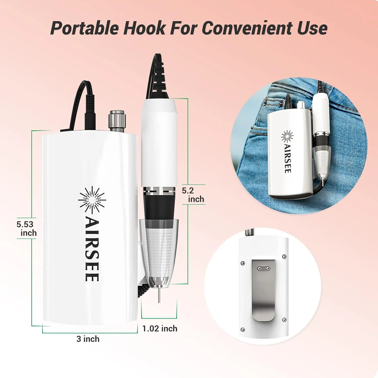 AIRSEE Professional Rechargeable 30000 RPM Nail Drill Machine Portable Efile Electric Nail File Wireless Manicure Pedicure Set Acrylic Gel Nail Grinder Tools with 6 Bits and Sanding Bands E6 White