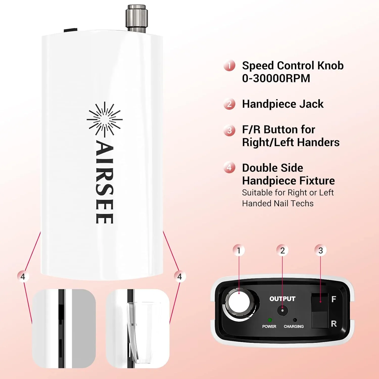 AIRSEE Professional Rechargeable 30000 RPM Nail Drill Machine Portable Efile Electric Nail File Wireless Manicure Pedicure Set Acrylic Gel Nail Grinder Tools with 6 Bits and Sanding Bands E6 White