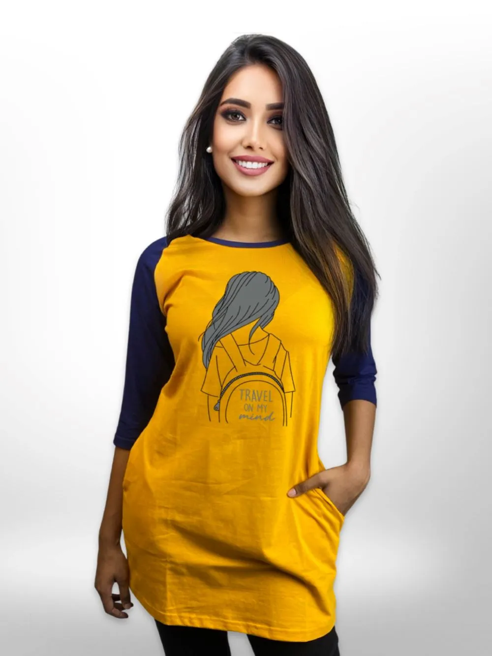 Alone Girl Printed Ladies Long T-shirt Raglan Sleeve Side Pocket For Women's