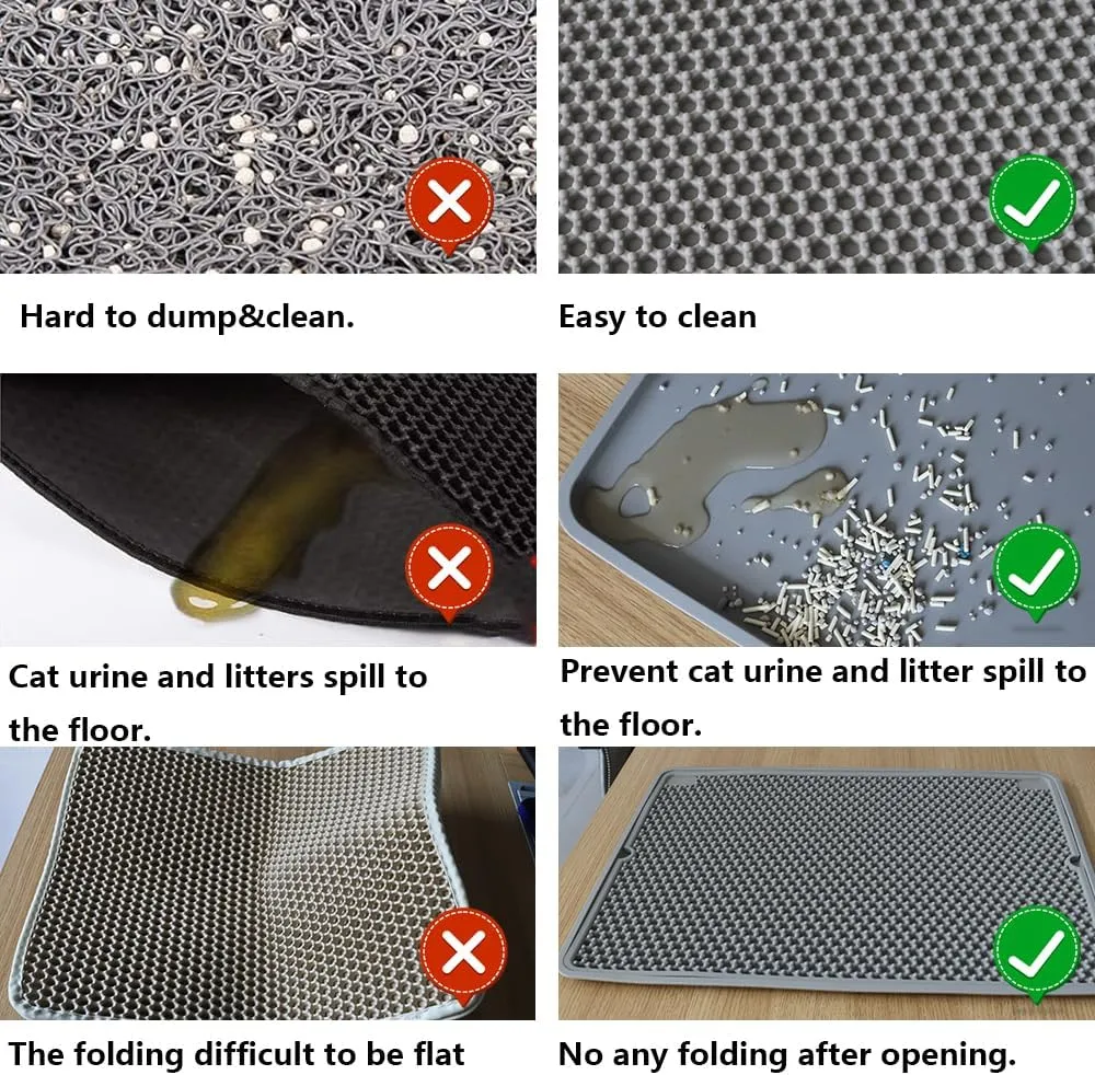 Cat Litter Mat Double Layer, Kitty Litter Box Mat Small Waterproof Urine Proof Trapping, Easy Clean, Silicone Cat Supplies & Accessories for Indoor Pets, Black