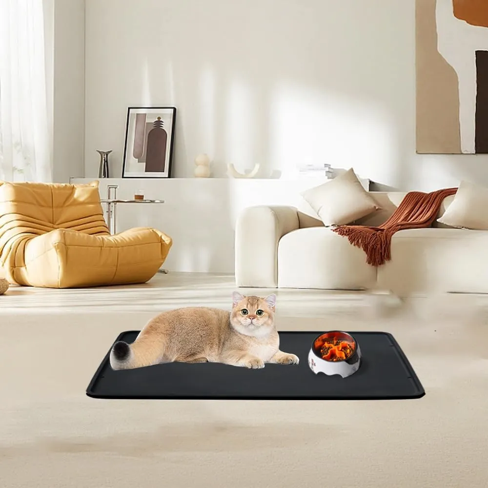 Cat Litter Mat Double Layer, Kitty Litter Box Mat Small Waterproof Urine Proof Trapping, Easy Clean, Silicone Cat Supplies & Accessories for Indoor Pets, Black
