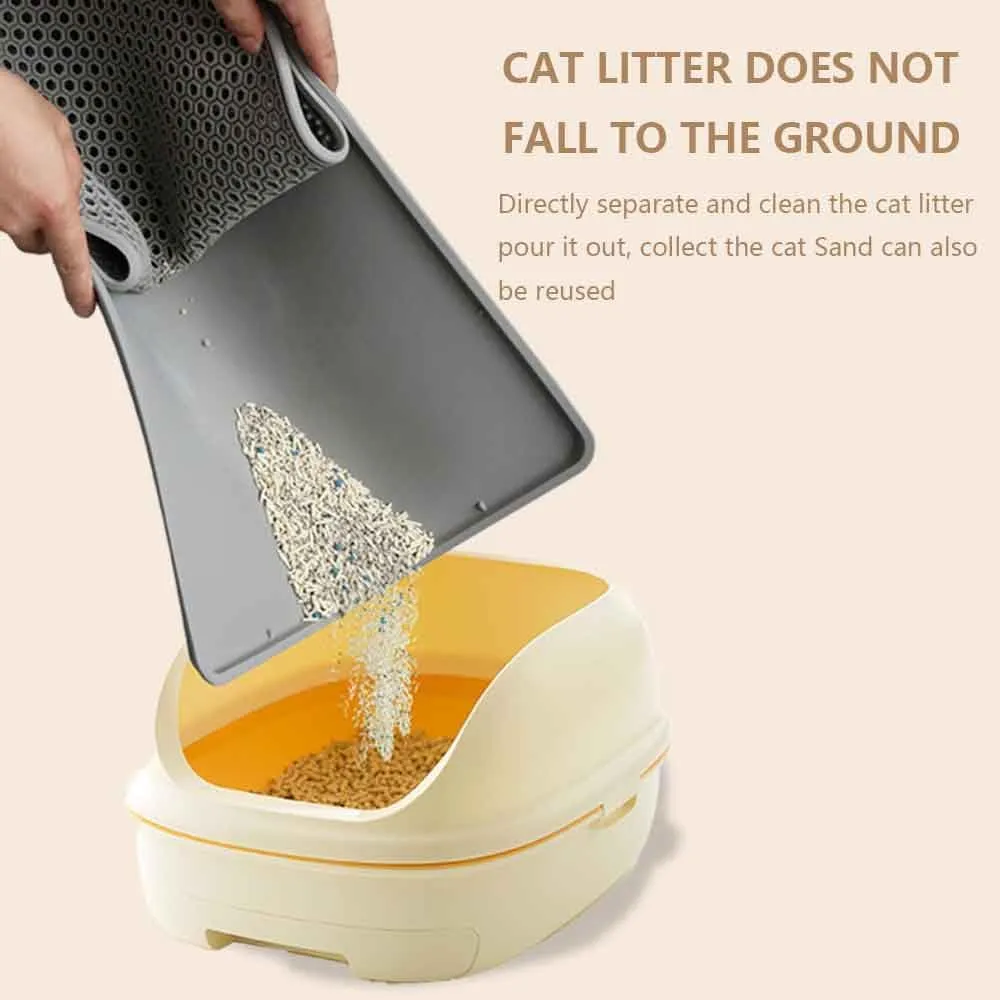 Cat Litter Mat Double Layer, Kitty Litter Box Mat Small Waterproof Urine Proof Trapping, Easy Clean, Silicone Cat Supplies & Accessories for Indoor Pets, Black