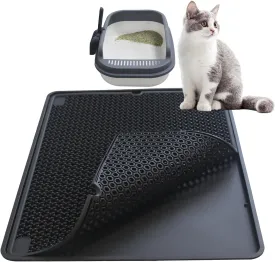 Cat Litter Mat Double Layer, Kitty Litter Box Mat Small Waterproof Urine Proof Trapping, Easy Clean, Silicone Cat Supplies & Accessories for Indoor Pets, Black
