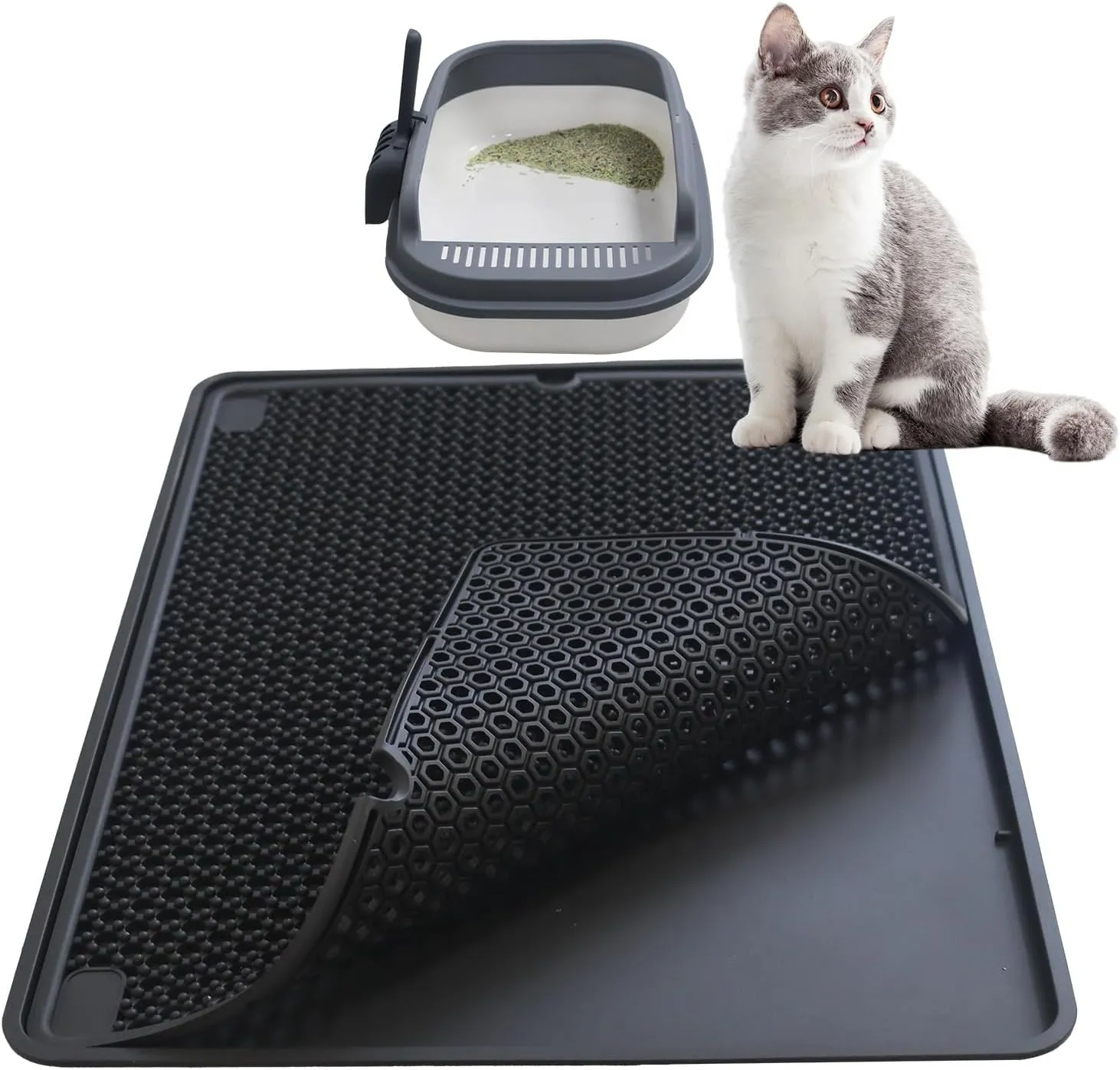 Cat Litter Mat Double Layer, Kitty Litter Box Mat Small Waterproof Urine Proof Trapping, Easy Clean, Silicone Cat Supplies & Accessories for Indoor Pets, Black