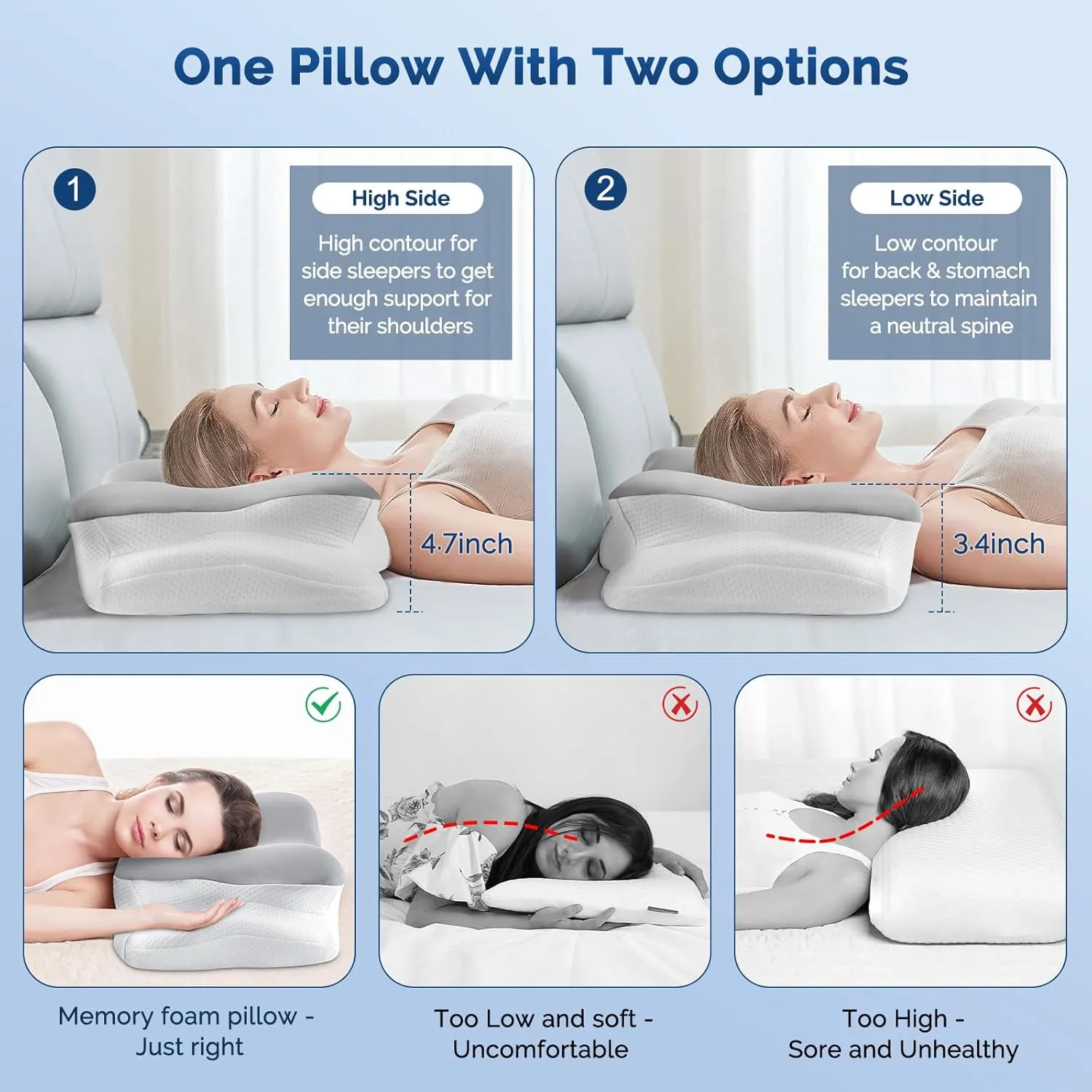 Cervical Neck Pillow, Ergonomic Side Sleeper Pillow for Neck Support, Cooling Memory Foam Pillows for Sleeping, Contour Orthopedic Bed Pillows for Side Back Stomach Sleepers with Removable Pillowcase