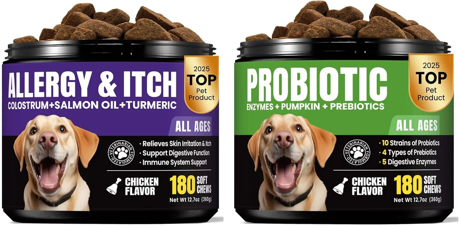 Dog Allergy Skin & Digestive Support Chews - Dual Action Formula with Colostrum, Fish Oil, Probiotics and Enzymes for Itchy Skin Relief, Paw Licking Comfort, Gut Health & Immune Care - 180 Count