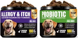 Dog Allergy Skin & Digestive Support Chews - Dual Action Formula with Colostrum, Fish Oil, Probiotics and Enzymes for Itchy Skin Relief, Paw Licking Comfort, Gut Health & Immune Care - 180 Count