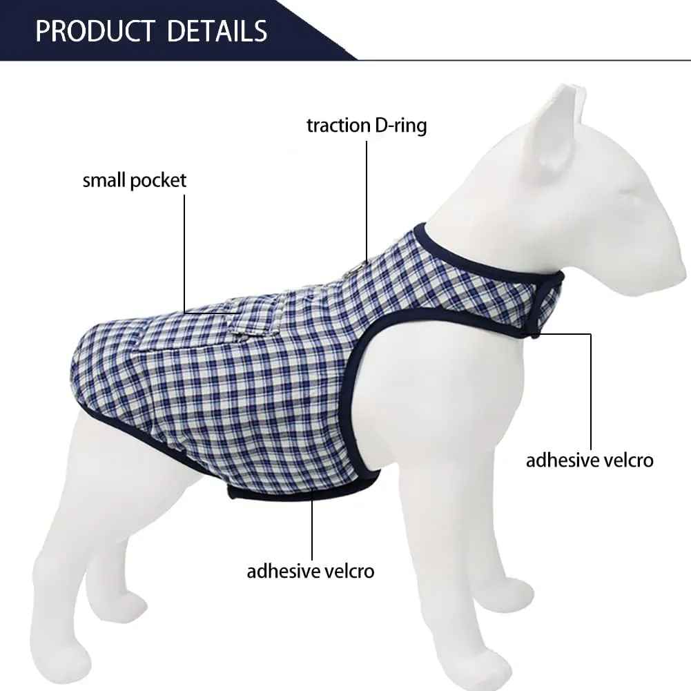 Dog Cold Weather Coats,Cozy British Style Plaid Dog Pet Vest Winter Coat, Waterproof Windproof Warm Jacket Dog Apparel for Smell Medium Large Dogs Cats (X-Large, Plaid-Blue)