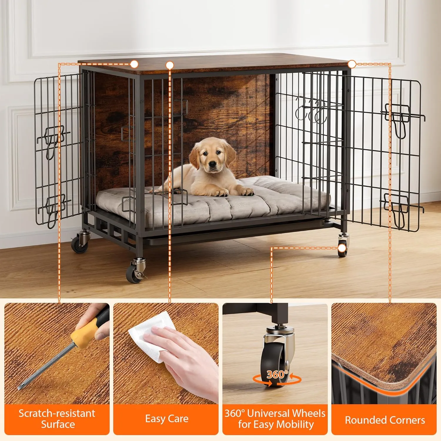 Dog Crate Furniture for Medium Dogs, 32.5" L x 21.9" W x 25.2" H Indoor Kennel with Double Doors, Wheels & Removable Tray, Sturdy Dog Cage with Easy Assembly, Rustic Brown