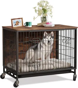 Dog Crate Furniture for Medium Dogs, 32.5" L x 21.9" W x 25.2" H Indoor Kennel with Double Doors, Wheels & Removable Tray, Sturdy Dog Cage with Easy Assembly, Rustic Brown