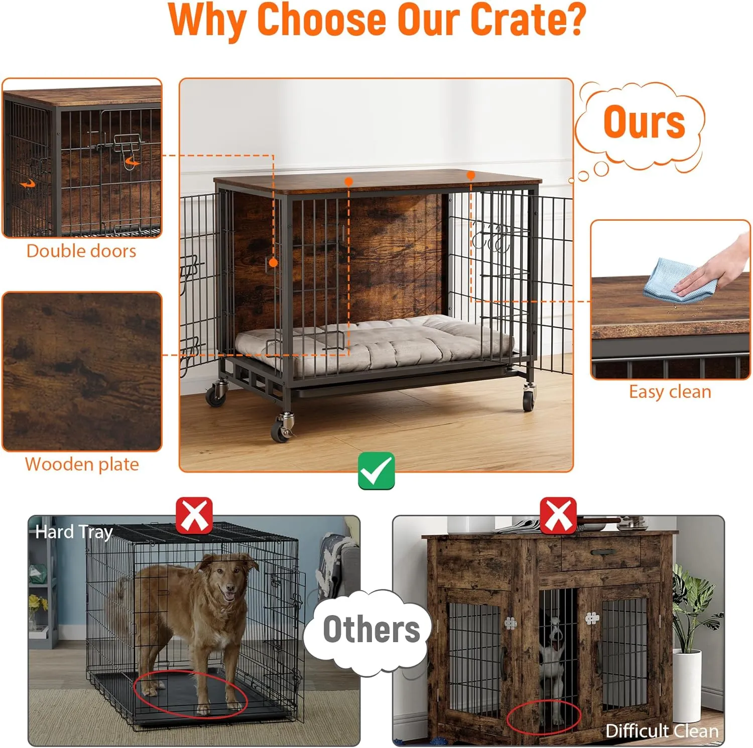 Dog Crate Furniture for Medium Dogs, 32.5" L x 21.9" W x 25.2" H Indoor Kennel with Double Doors, Wheels & Removable Tray, Sturdy Dog Cage with Easy Assembly, Rustic Brown