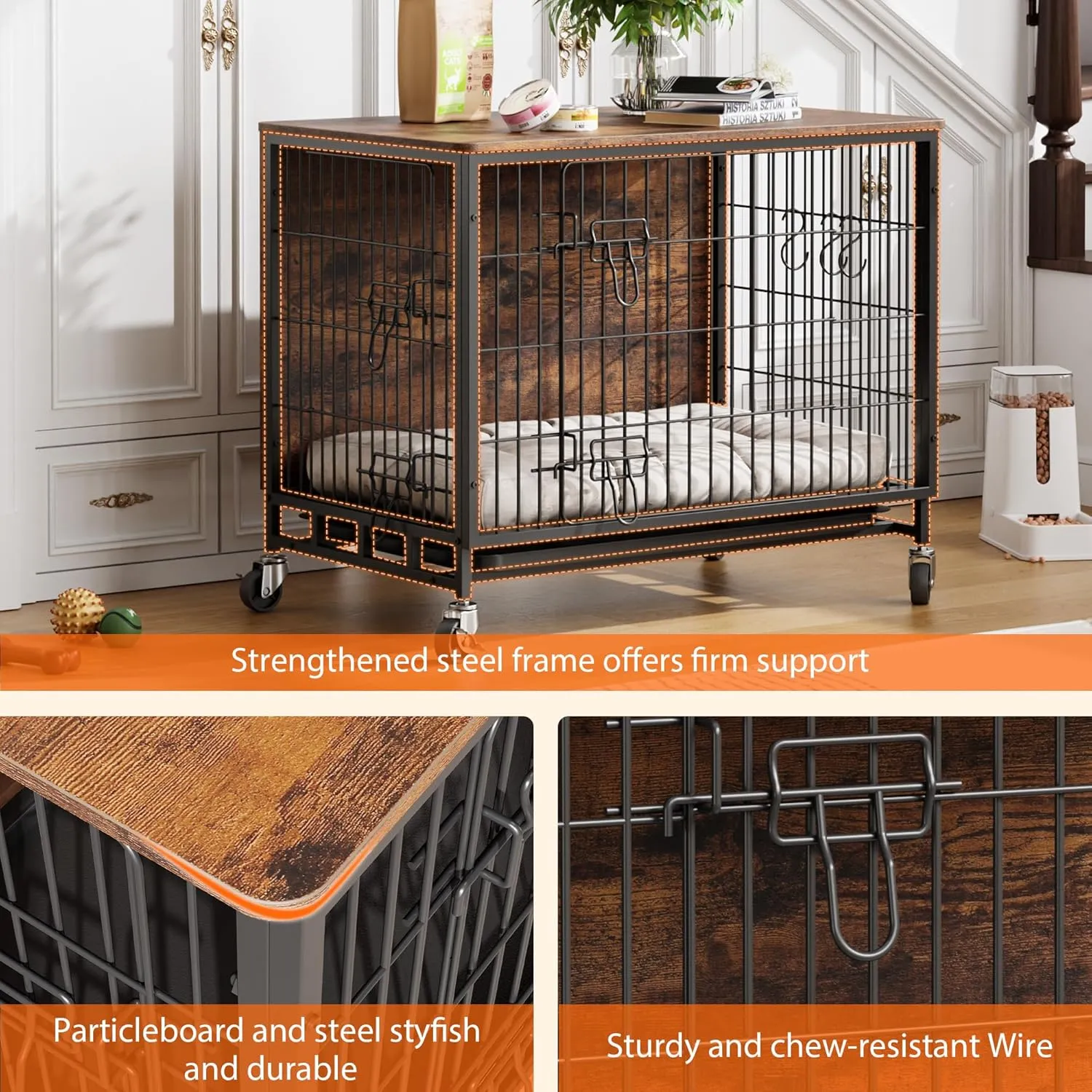 Dog Crate Furniture for Medium Dogs, 32.5" L x 21.9" W x 25.2" H Indoor Kennel with Double Doors, Wheels & Removable Tray, Sturdy Dog Cage with Easy Assembly, Rustic Brown