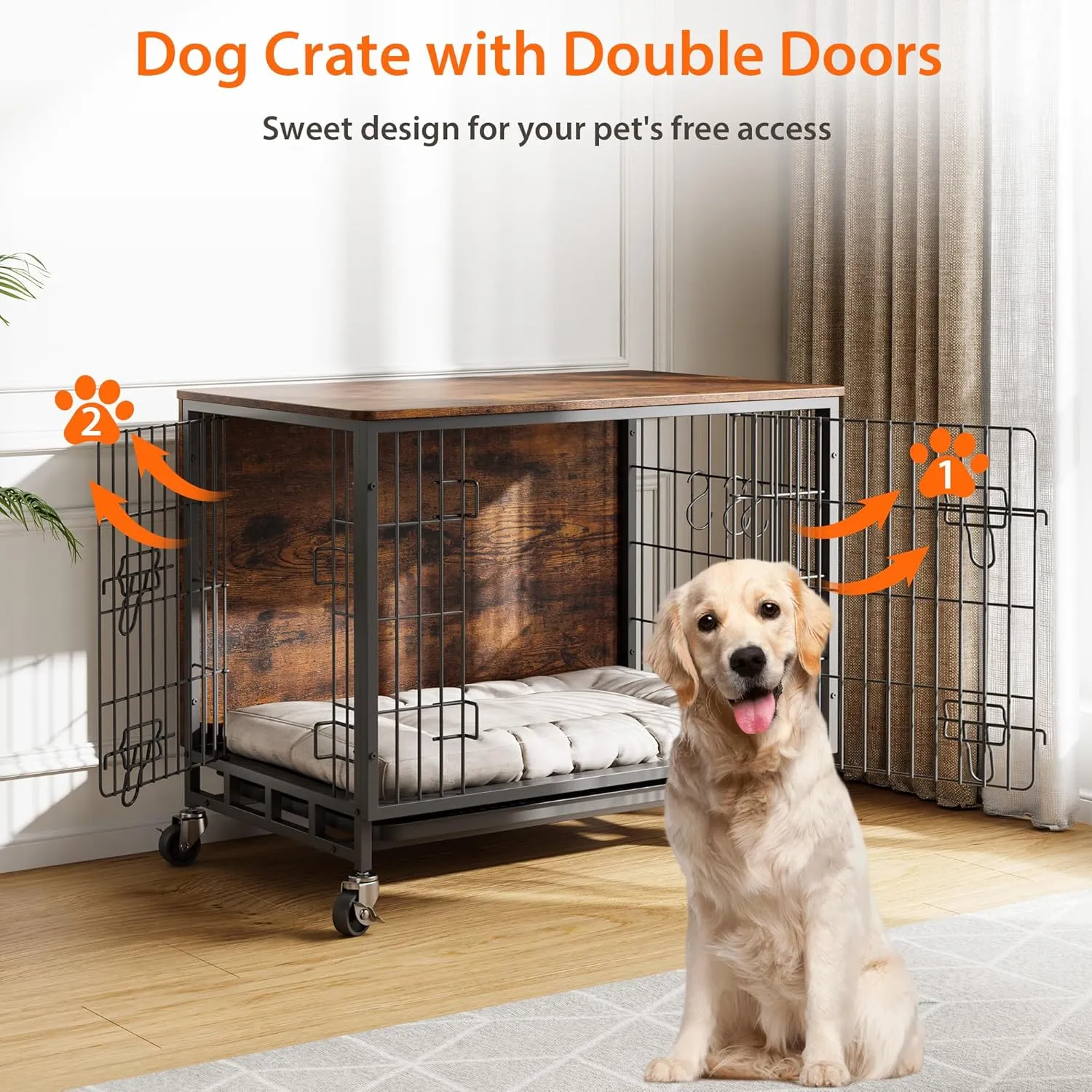 Dog Crate Furniture for Medium Dogs, 32.5" L x 21.9" W x 25.2" H Indoor Kennel with Double Doors, Wheels & Removable Tray, Sturdy Dog Cage with Easy Assembly, Rustic Brown