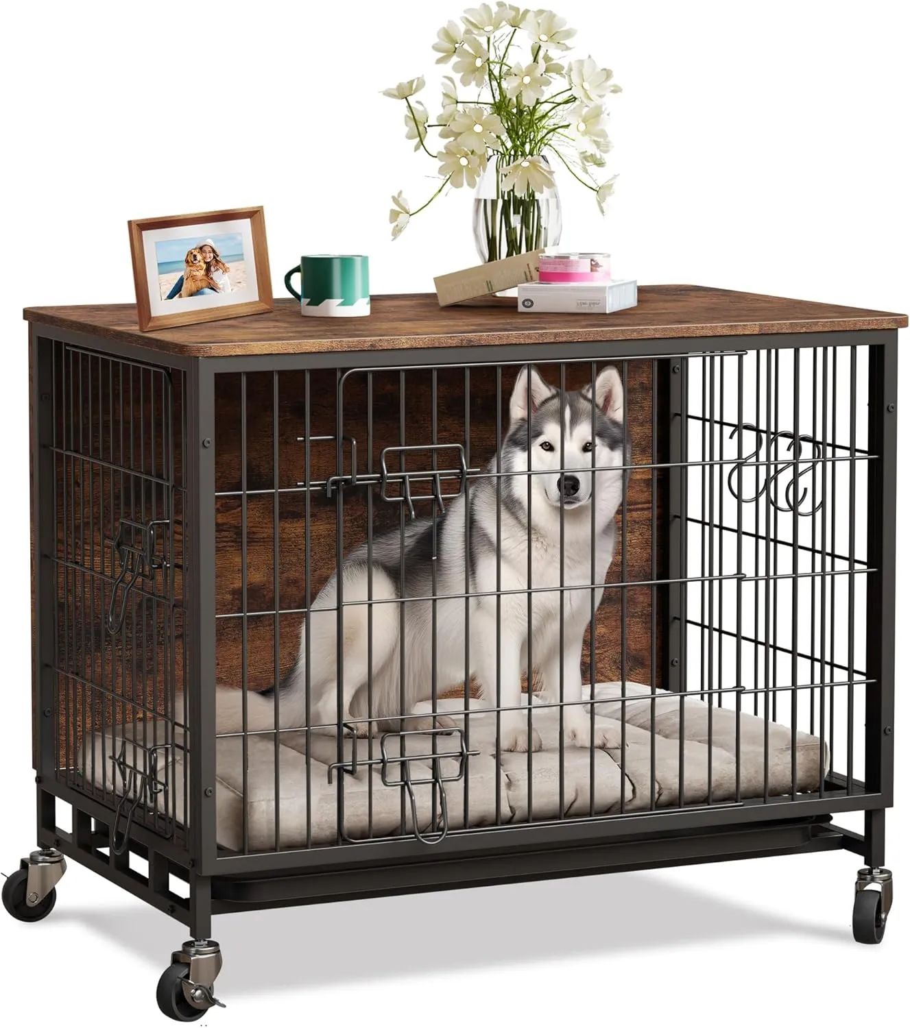 Dog Crate Furniture for Medium Dogs, 32.5" L x 21.9" W x 25.2" H Indoor Kennel with Double Doors, Wheels & Removable Tray, Sturdy Dog Cage with Easy Assembly, Rustic Brown