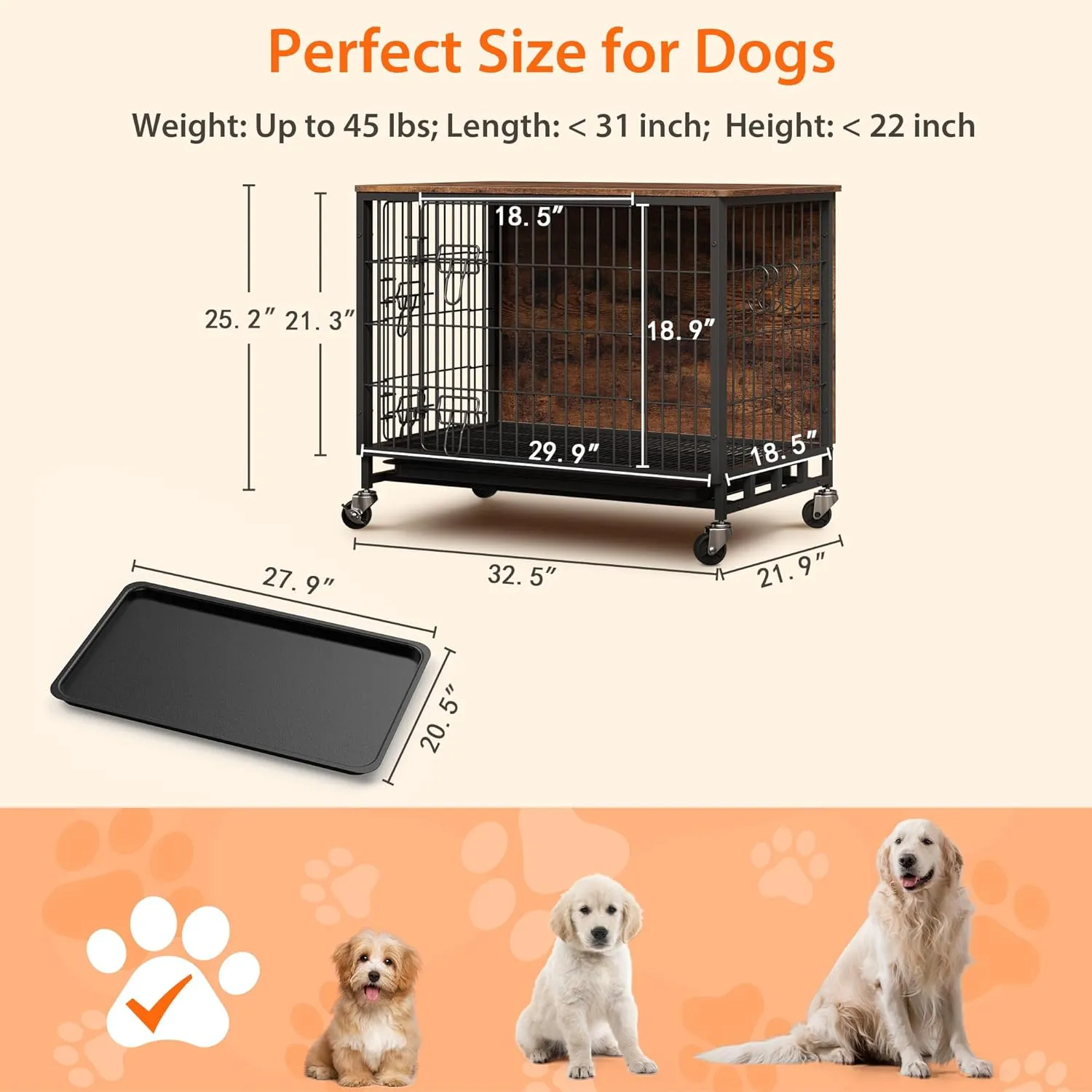 Dog Crate Furniture for Medium Dogs, 32.5" L x 21.9" W x 25.2" H Indoor Kennel with Double Doors, Wheels & Removable Tray, Sturdy Dog Cage with Easy Assembly, Rustic Brown