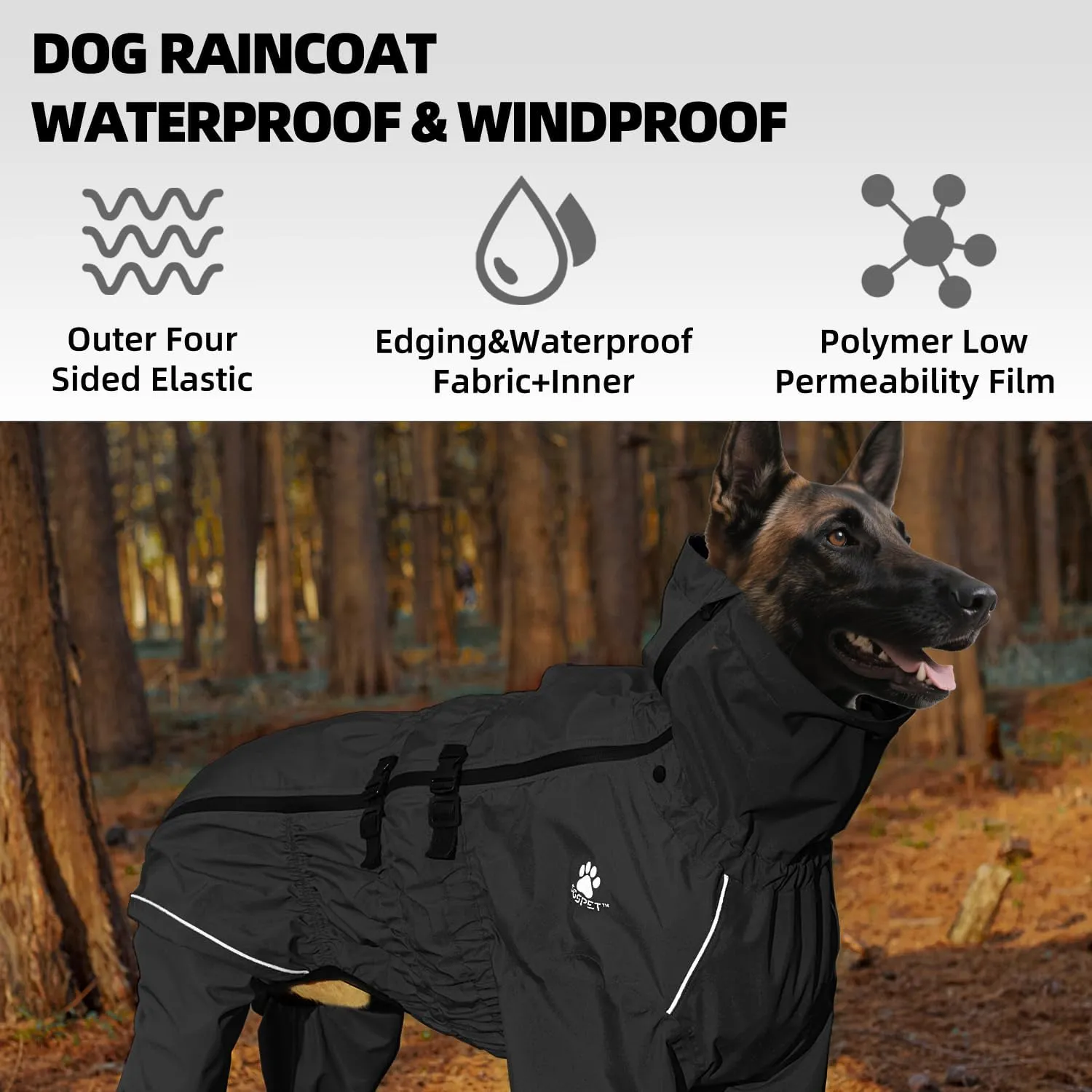 Dog Raincoat, Waterproof Winter Coat with Reflective Tape and Leash Holes, Lightweight &Windproof Jacket with Elasticized Belly and Cuff Designs,Black Dog Raincoat with Side Zipper