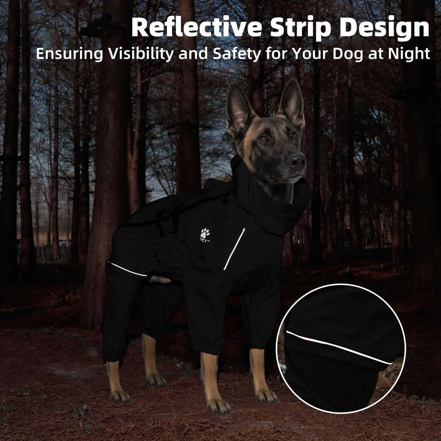 Dog Raincoat, Waterproof Winter Coat with Reflective Tape and Leash Holes, Lightweight &Windproof Jacket with Elasticized Belly and Cuff Designs,Black Dog Raincoat with Side Zipper