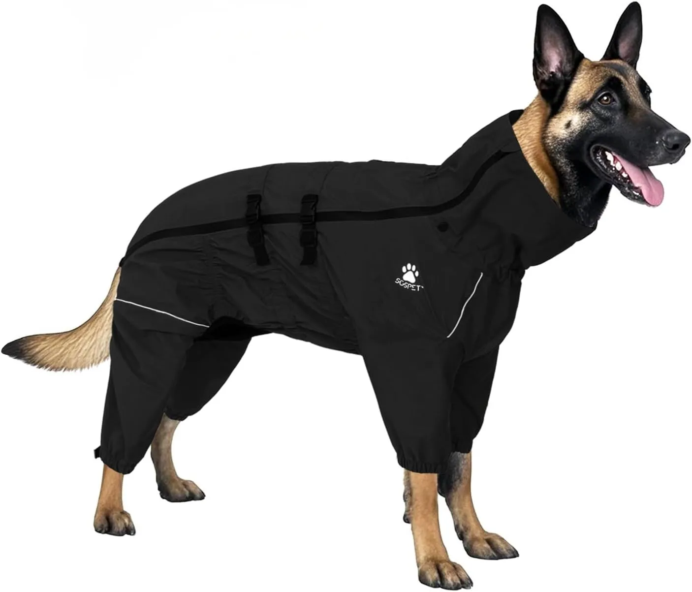 Dog Raincoat, Waterproof Winter Coat with Reflective Tape and Leash Holes, Lightweight &Windproof Jacket with Elasticized Belly and Cuff Designs,Black Dog Raincoat with Side Zipper