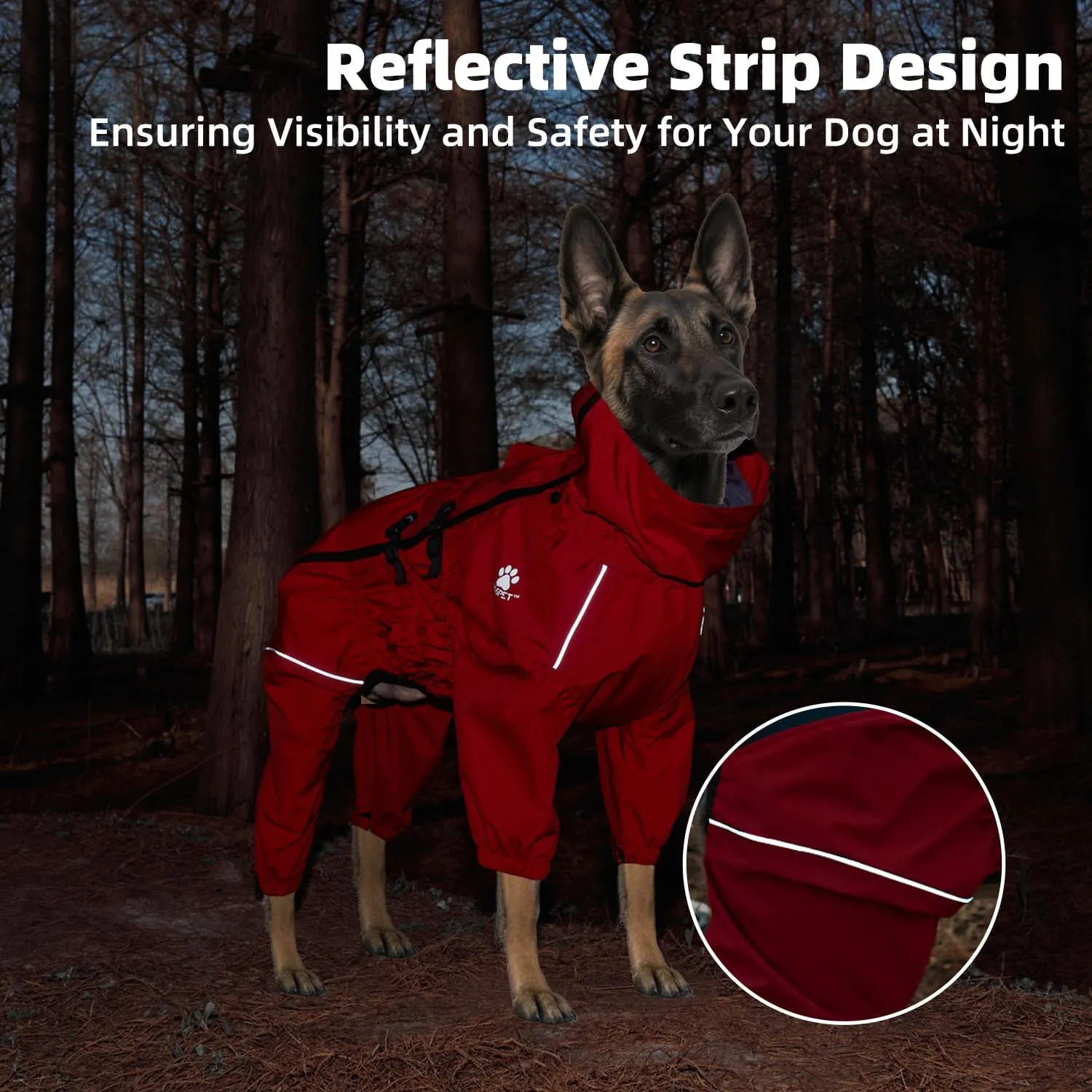 Dog Raincoat, Waterproof Winter Coat with Reflective Tape and Leash Holes, Lightweight &Windproof Jacket with Elasticized Belly and Cuff Designs,Red Dog Raincoat with Side Zipper