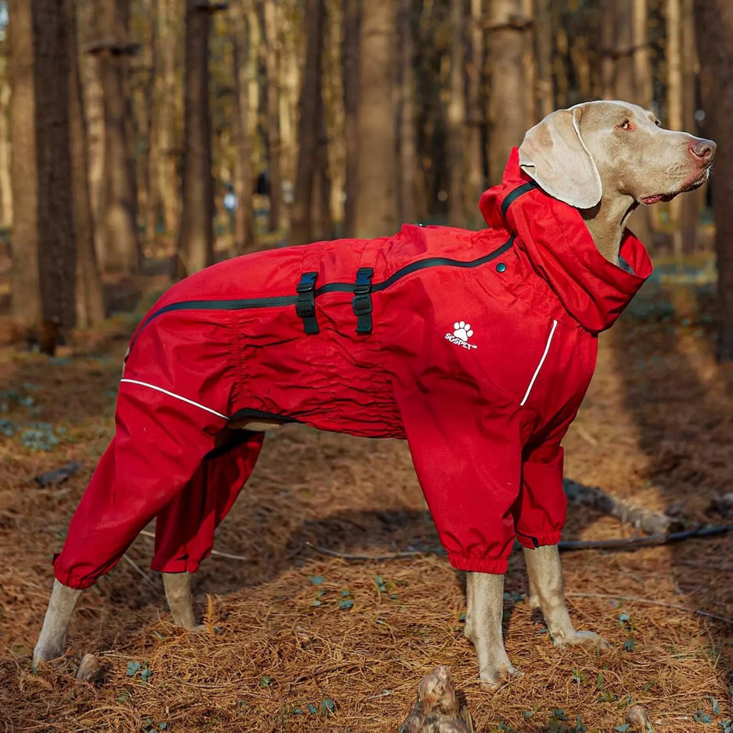 Dog Raincoat, Waterproof Winter Coat with Reflective Tape and Leash Holes, Lightweight &Windproof Jacket with Elasticized Belly and Cuff Designs,Red Dog Raincoat with Side Zipper