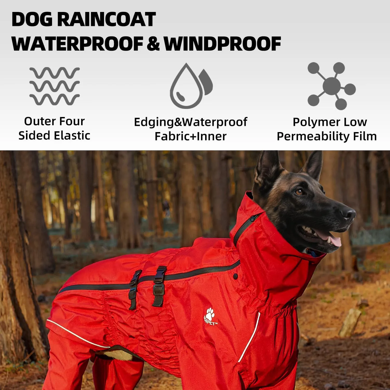 Dog Raincoat, Waterproof Winter Coat with Reflective Tape and Leash Holes, Lightweight &Windproof Jacket with Elasticized Belly and Cuff Designs,Red Dog Raincoat with Side Zipper