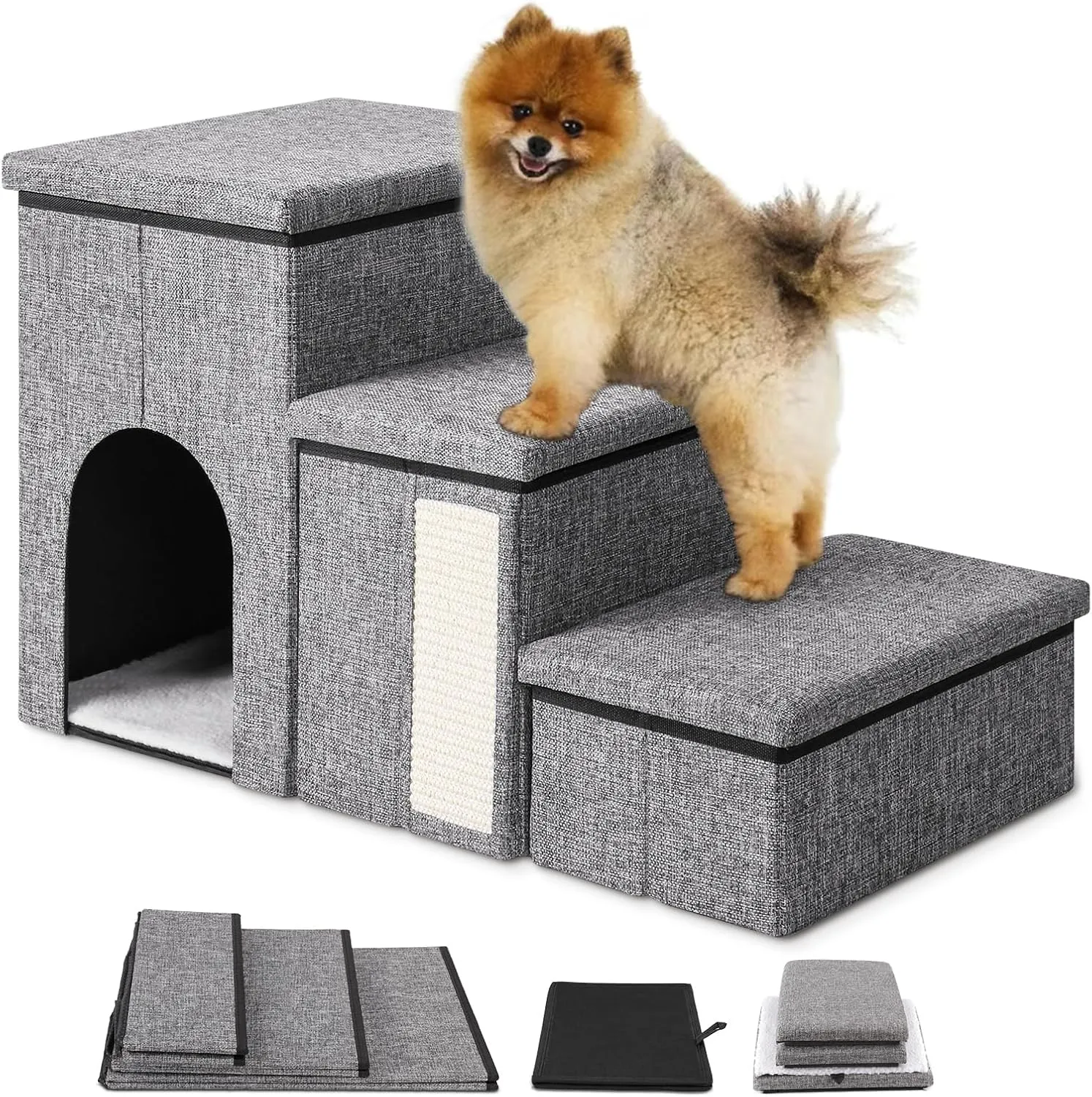 Dog Stairs, Flymer Dog Ramp for Bed and Couch with Storage and Condo, Foldable 3 Steps Pet Stairs for Small Dogs and Cats