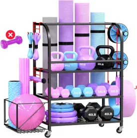 Dumbbell Rack, Weight Rack for Home Gym, 400LBS Metal Home Gym Storage with Lockable Wheels & 4 Adjustable Hooks, Weight Stand for Yoga Mat Storage, Dumbbells, Kettlebell, Foam Roller, Resistance Bands (Black)