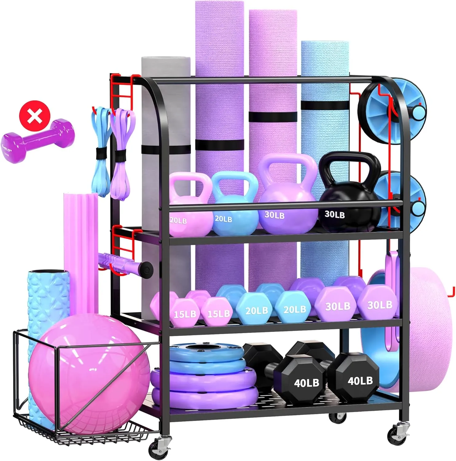Dumbbell Rack, Weight Rack for Home Gym, 400LBS Metal Home Gym Storage with Lockable Wheels & 4 Adjustable Hooks, Weight Stand for Yoga Mat Storage, Dumbbells, Kettlebell, Foam Roller, Resistance Bands (Black)