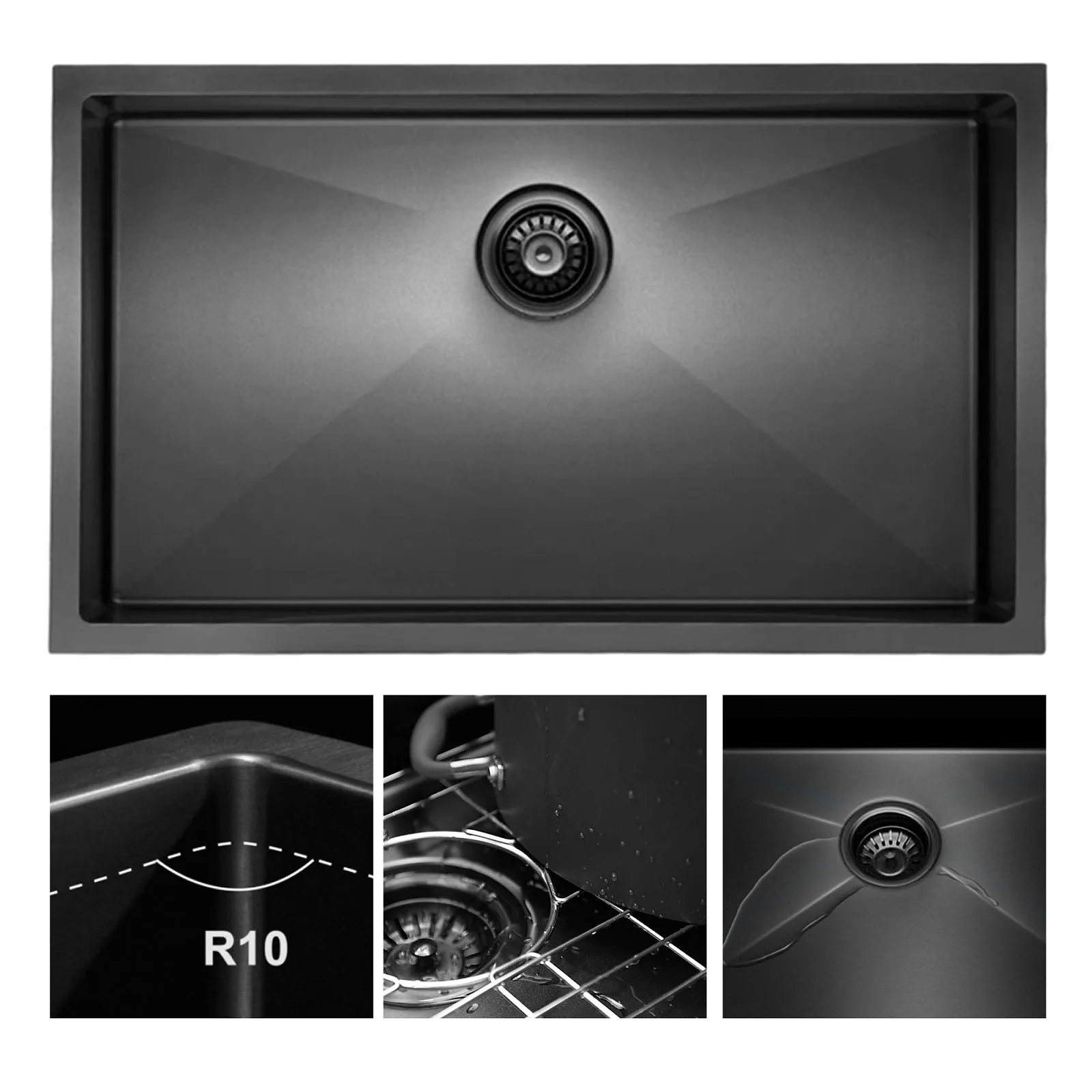 Fablise Premium Stainless Steel Single Bowl Undermount 30'' x 21'' x 10'' Handmade Kitchen Sink in Gunmetal Black