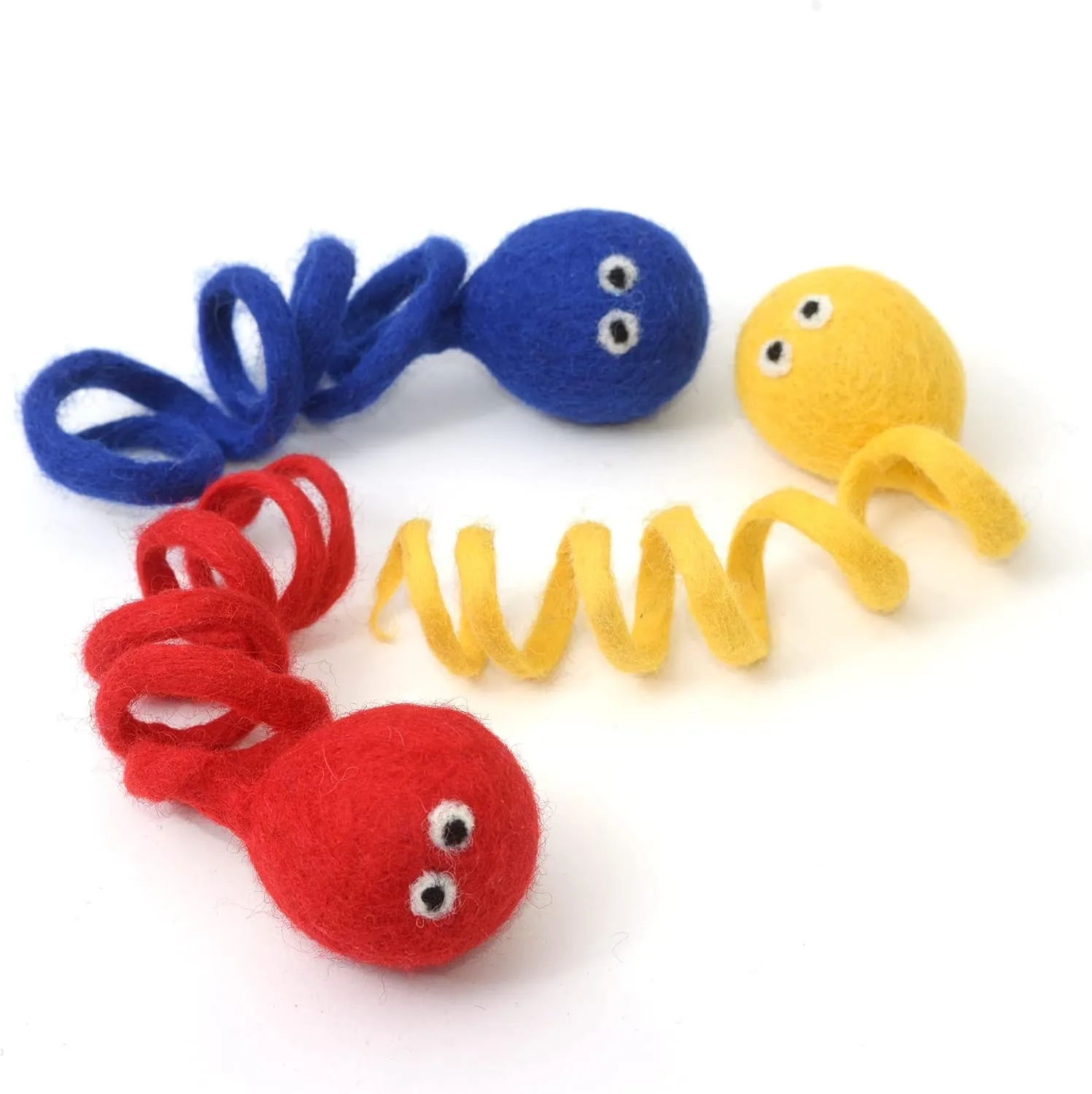 Glaciart One Felt Spring Cat Toy  3 Pcs Soft Fuzzy Enrichment 100% Natural Wool - Interactive Stretchable Play Set - Safe for Pets, Non-AZO Colored Dyes - 4 Long