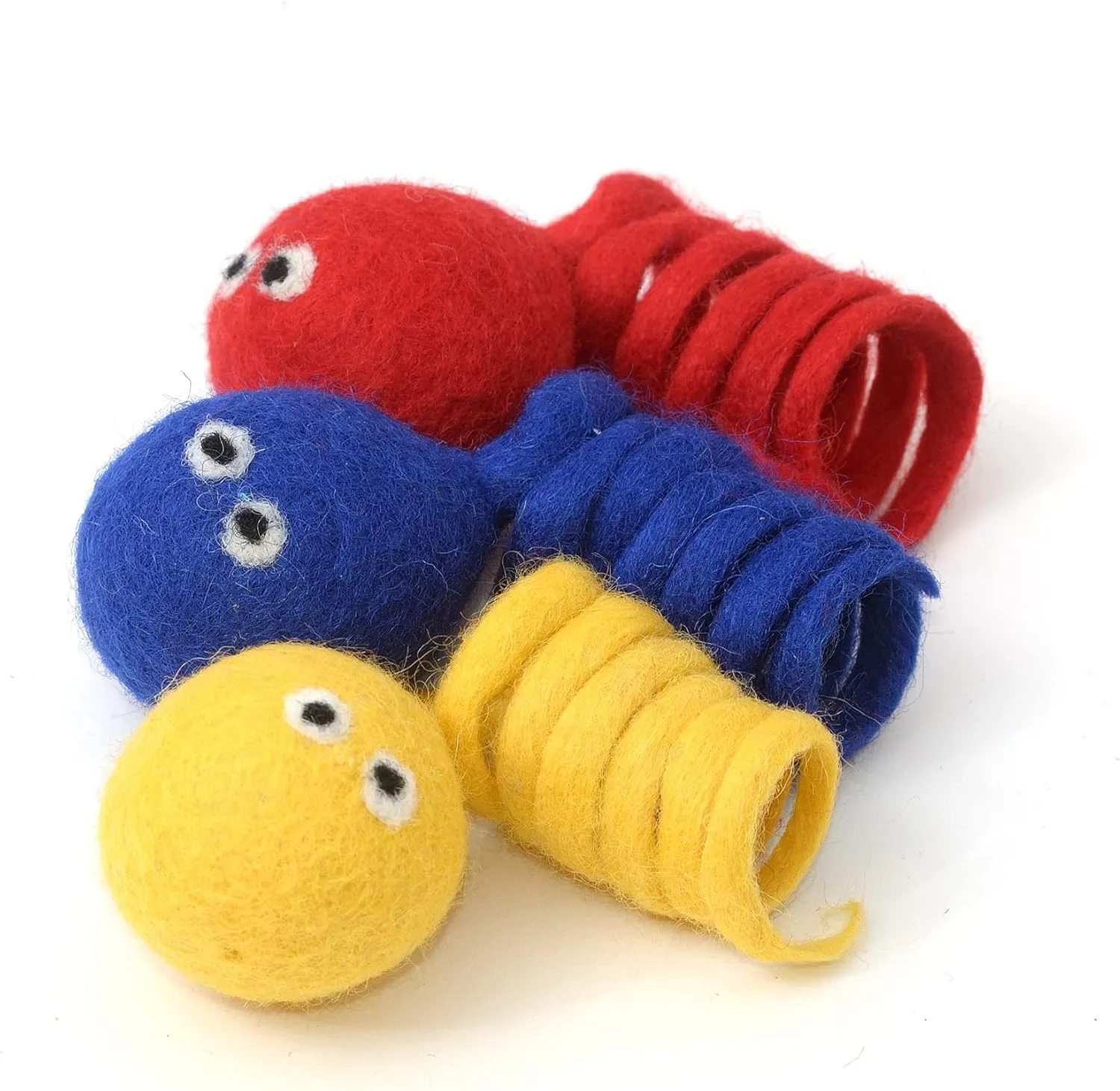 Glaciart One Felt Spring Cat Toy  3 Pcs Soft Fuzzy Enrichment 100% Natural Wool - Interactive Stretchable Play Set - Safe for Pets, Non-AZO Colored Dyes - 4 Long