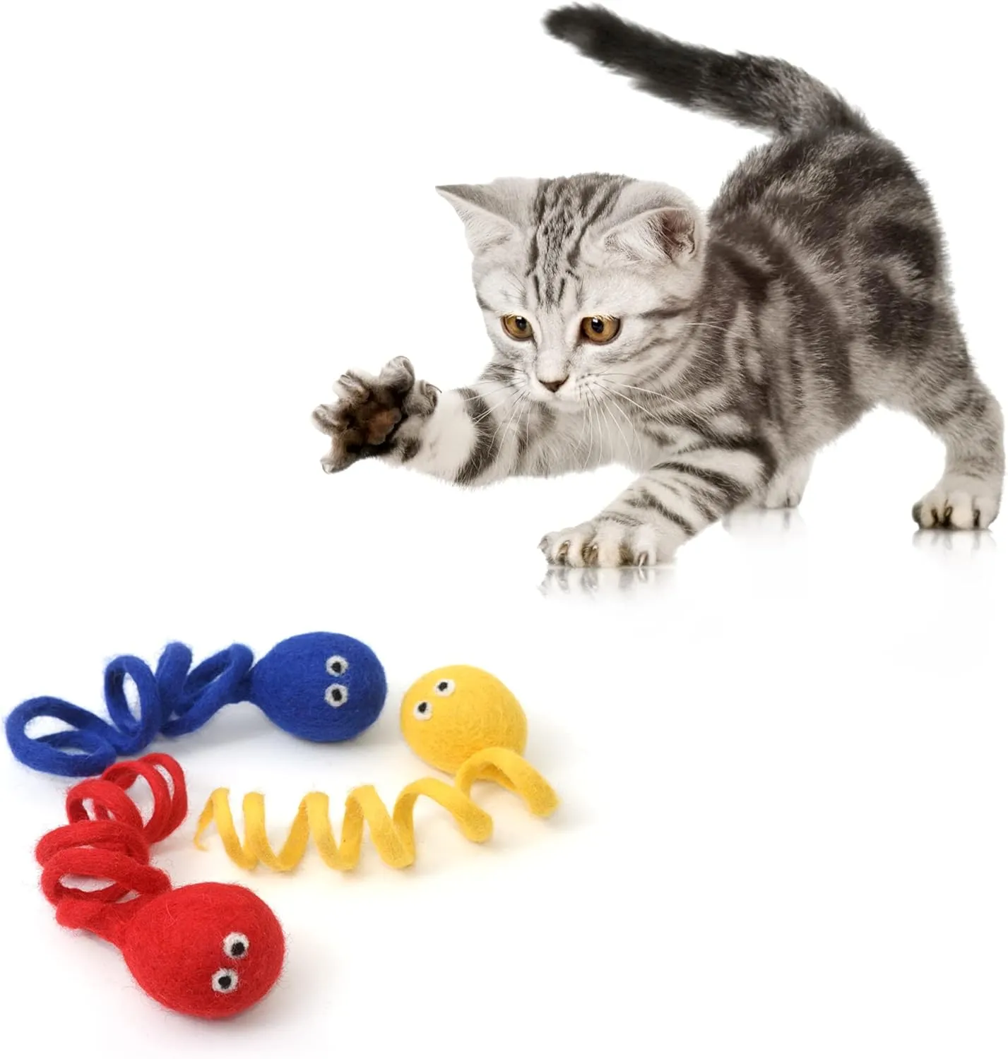Glaciart One Felt Spring Cat Toy  3 Pcs Soft Fuzzy Enrichment 100% Natural Wool - Interactive Stretchable Play Set - Safe for Pets, Non-AZO Colored Dyes - 4 Long