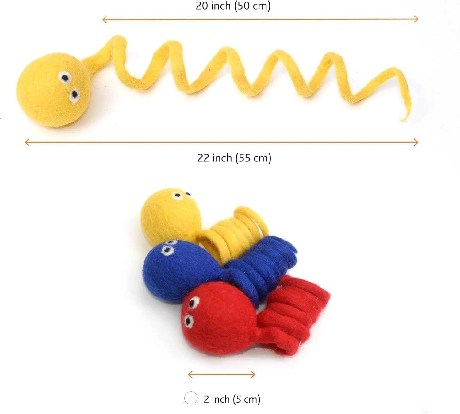 Glaciart One Felt Spring Cat Toy  3 Pcs Soft Fuzzy Enrichment 100% Natural Wool - Interactive Stretchable Play Set - Safe for Pets, Non-AZO Colored Dyes - 4 Long
