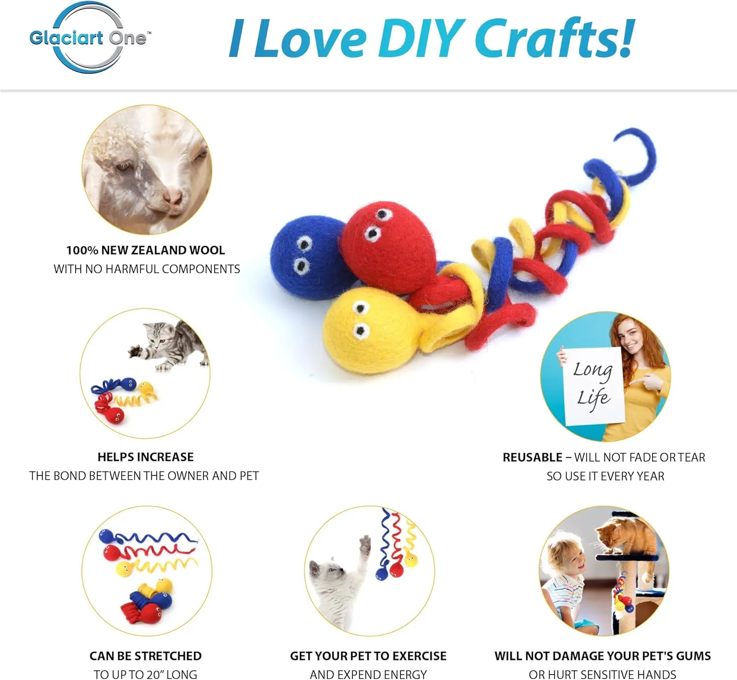 Glaciart One Felt Spring Cat Toy  3 Pcs Soft Fuzzy Enrichment 100% Natural Wool - Interactive Stretchable Play Set - Safe for Pets, Non-AZO Colored Dyes - 4 Long