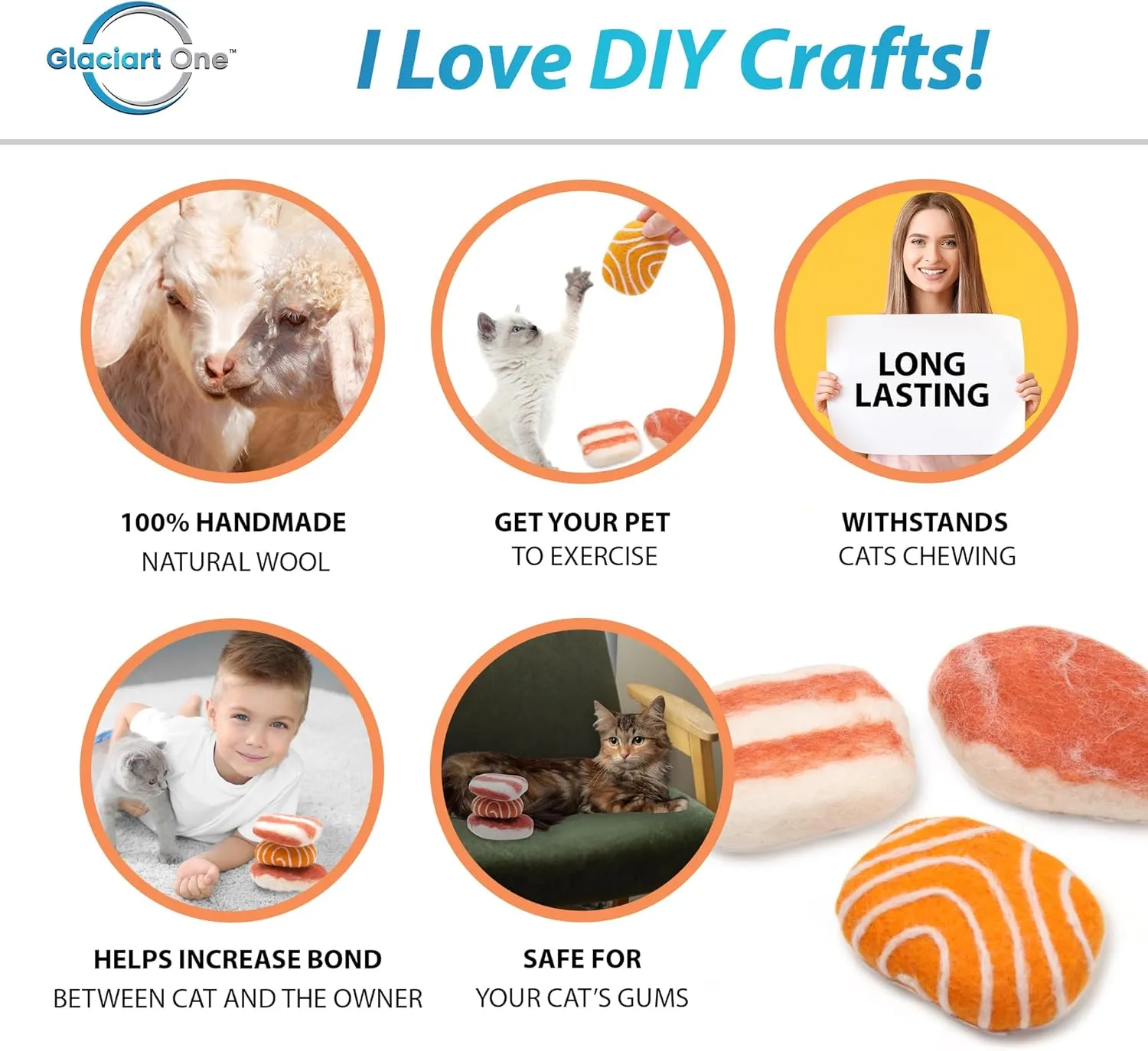 Glaciart One Wool Meat Sushi Cat Toy Set with Catnip | Cute Cat Toy for Interaction & Boredom Relief, Encourages to Exercise & Play | Filled w/Organic Catnip to Help Sooth or Reduce Anxiety