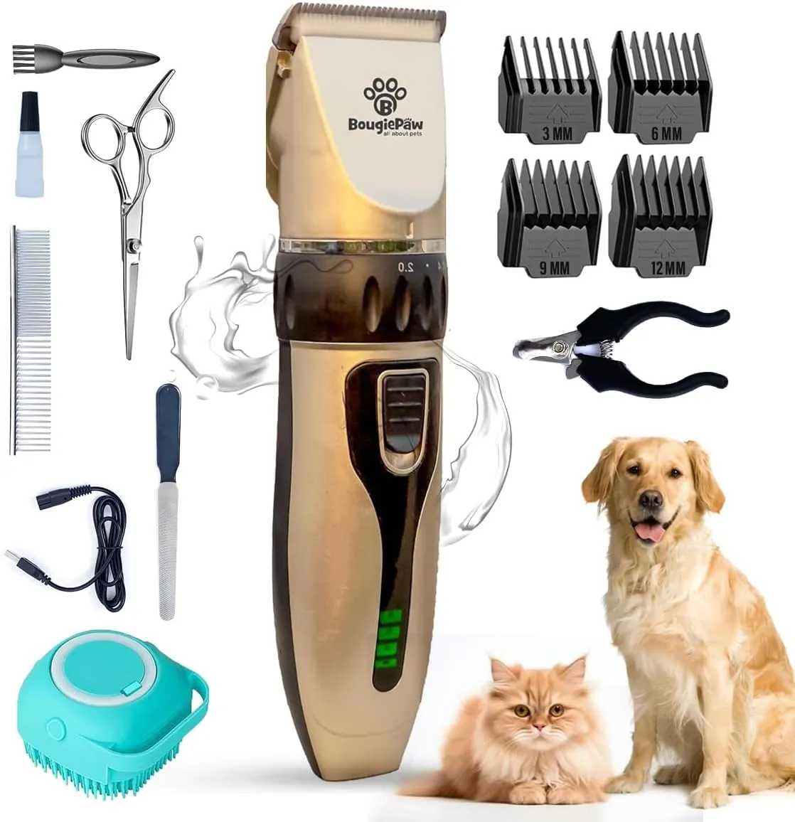 Grooming Kit for Dogs at Home - Rechargeable Low Noise Cat & Dog Clippers for Grooming Thick Hair - Cordless Grooming Clippers Includes Pet Hair Clippers, Nail Trimmer, Shears & Bath Brush
