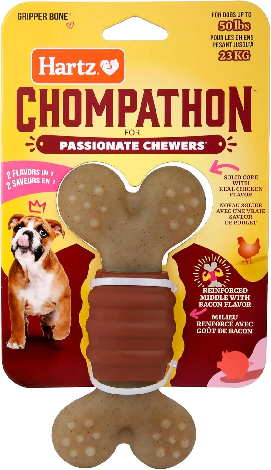 Hartz New Chompathon Gripper Bone Dog Chew Toy for Aggressive Chewers, Double Layered Flavored with Chicken & Bacon