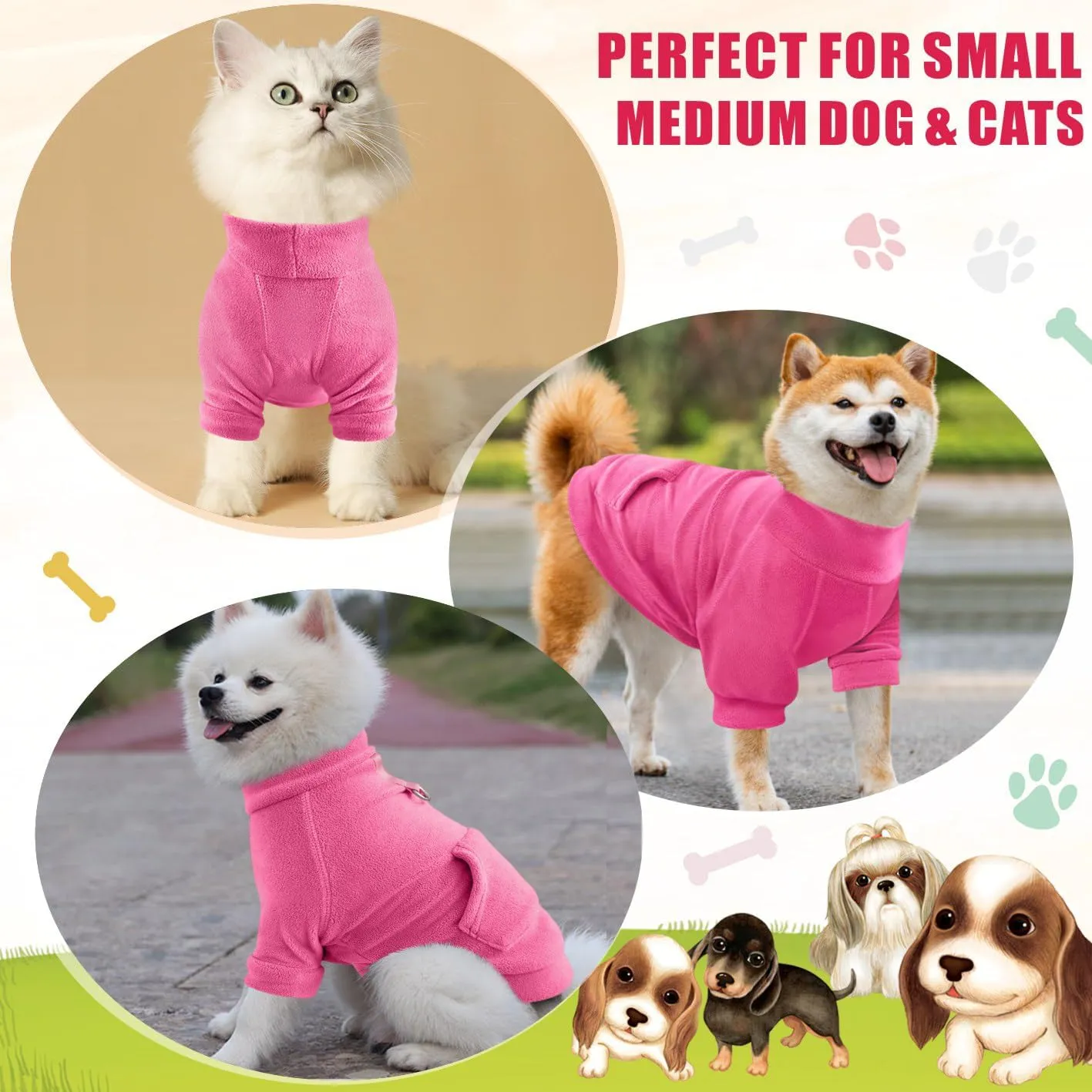 Idepet Fleece Dog Sweater, Winter Pet Clothes Turtleneck Sweatshirt, Stretchy Cat Coat with Leash Ring (Rose Red, XS)