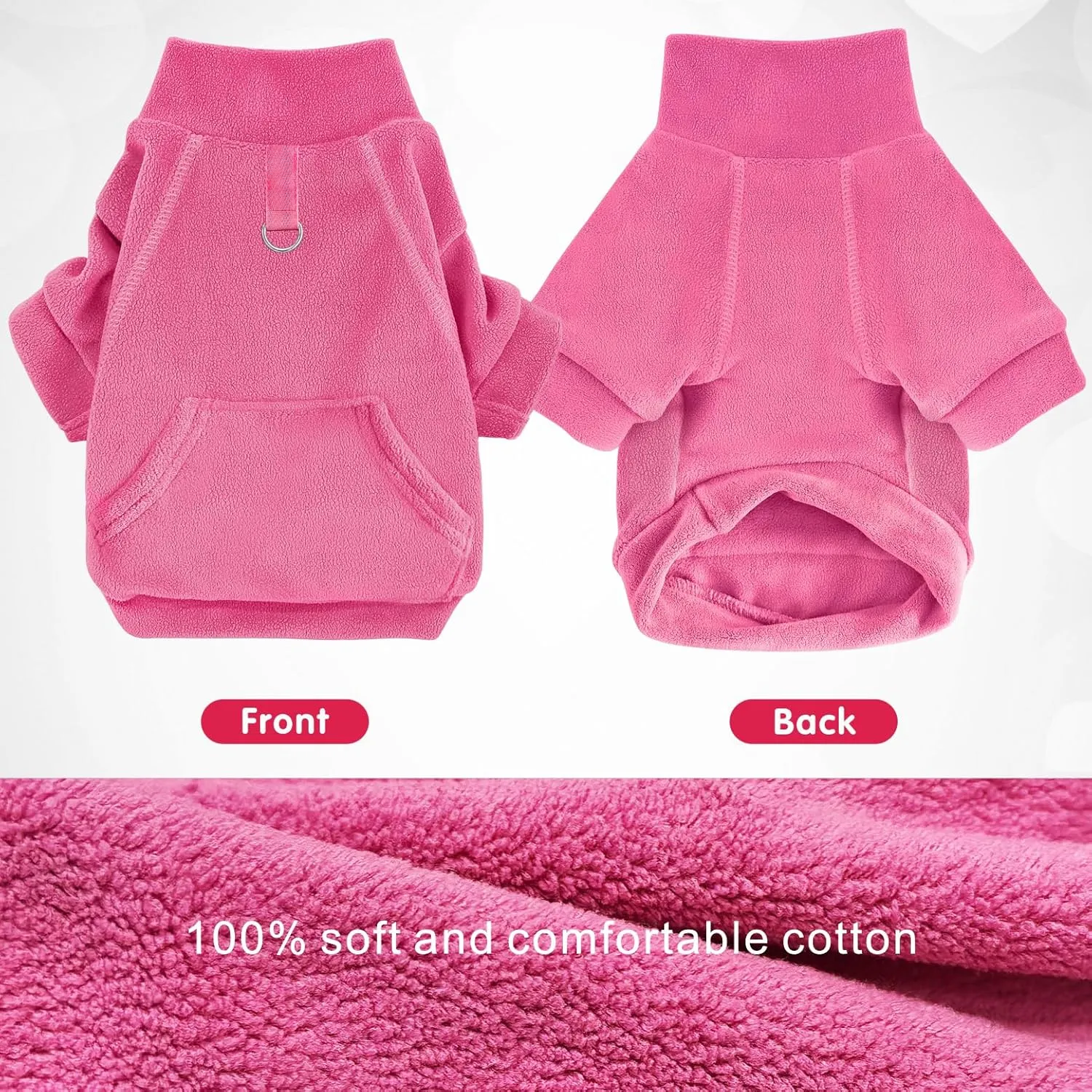 Idepet Fleece Dog Sweater, Winter Pet Clothes Turtleneck Sweatshirt, Stretchy Cat Coat with Leash Ring (Rose Red, XS)