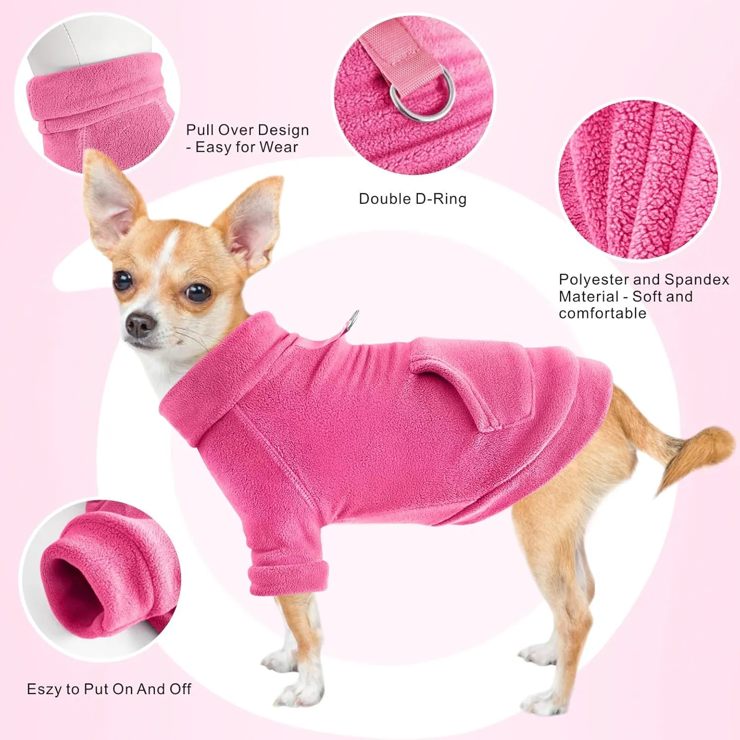 Idepet Fleece Dog Sweater, Winter Pet Clothes Turtleneck Sweatshirt, Stretchy Cat Coat with Leash Ring (Rose Red, XS)