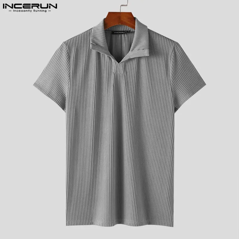 INCERUN Männer T Shirt Einfarbig Gestrickte Sommer Revers Kurzarm Männer Kleidung Streetwear 2024 Koreanische Mode Casual Tee Tops