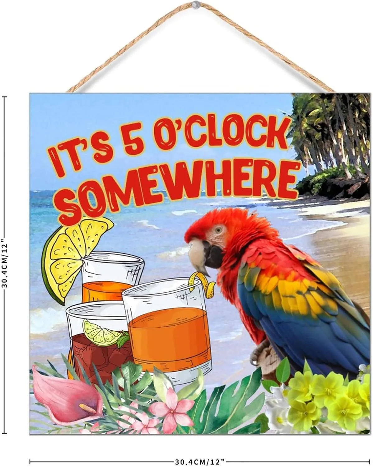 Inspirational Wood Wall Sign It's Five O'clock Somewhere Wall Art Decorative for Pantry Distressed Painted Wooden Plaque Sign Macaw Parrot Animal Pet Table Wall Decor Sign Gift Shelf 12x12in