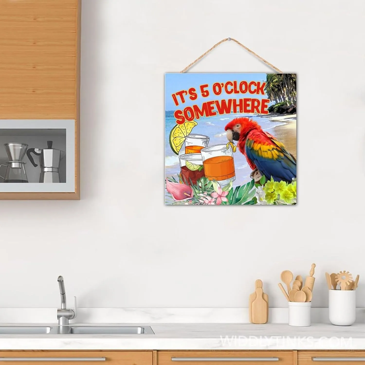 Inspirational Wood Wall Sign It's Five O'clock Somewhere Wall Art Decorative for Pantry Distressed Painted Wooden Plaque Sign Macaw Parrot Animal Pet Table Wall Decor Sign Gift Shelf 12x12in