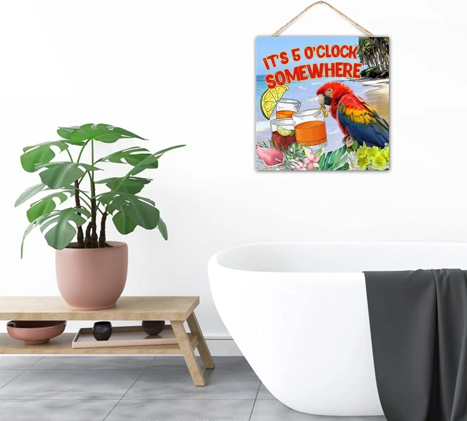 Inspirational Wood Wall Sign It's Five O'clock Somewhere Wall Art Decorative for Pantry Distressed Painted Wooden Plaque Sign Macaw Parrot Animal Pet Table Wall Decor Sign Gift Shelf 12x12in