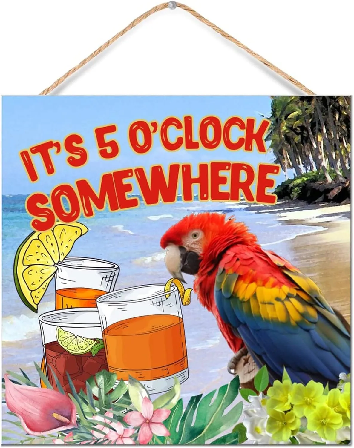 Inspirational Wood Wall Sign It's Five O'clock Somewhere Wall Art Decorative for Pantry Distressed Painted Wooden Plaque Sign Macaw Parrot Animal Pet Table Wall Decor Sign Gift Shelf 12x12in