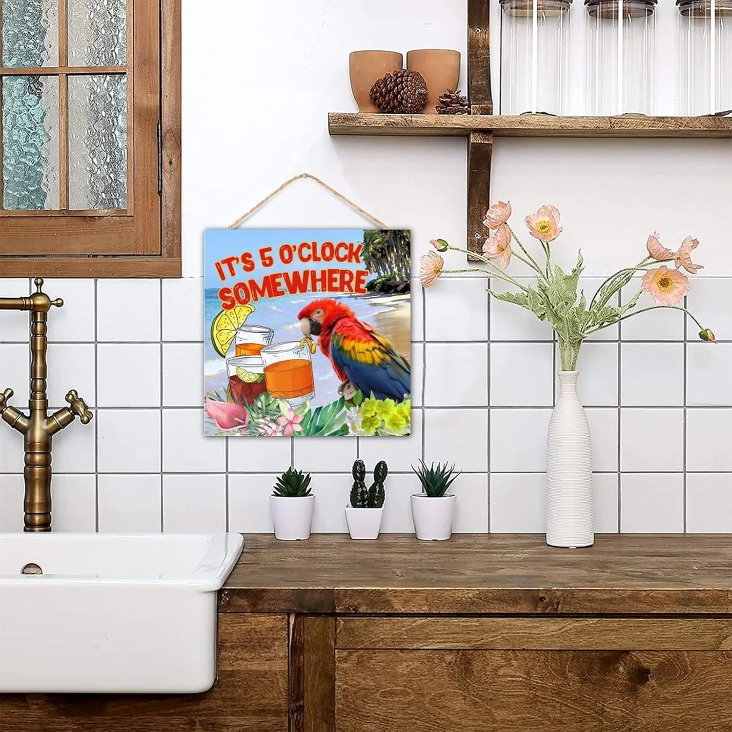 Inspirational Wood Wall Sign It's Five O'clock Somewhere Wall Art Decorative for Pantry Distressed Painted Wooden Plaque Sign Macaw Parrot Animal Pet Table Wall Decor Sign Gift Shelf 12x12in