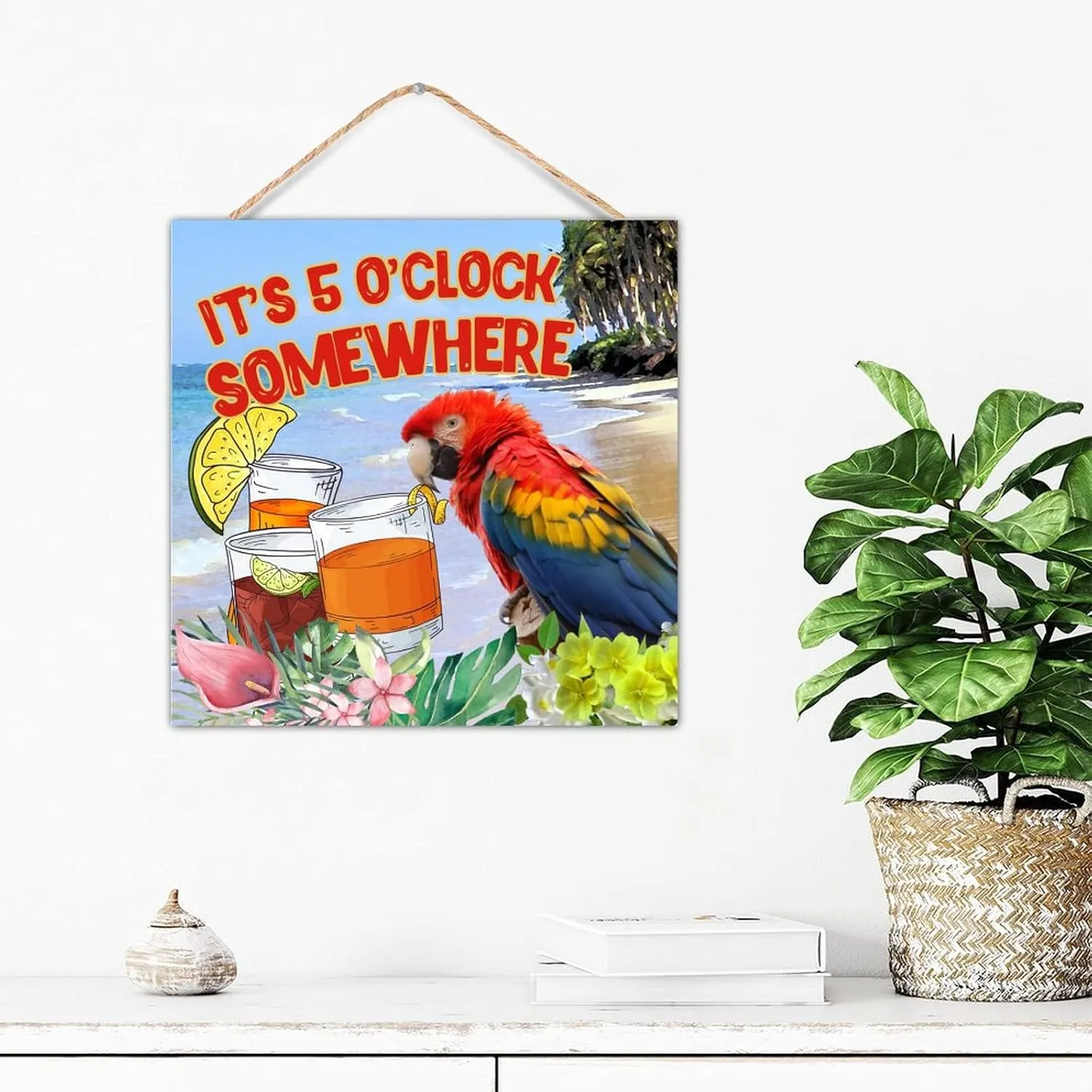 Inspirational Wood Wall Sign It's Five O'clock Somewhere Wall Art Decorative for Pantry Distressed Painted Wooden Plaque Sign Macaw Parrot Animal Pet Table Wall Decor Sign Gift Shelf 12x12in