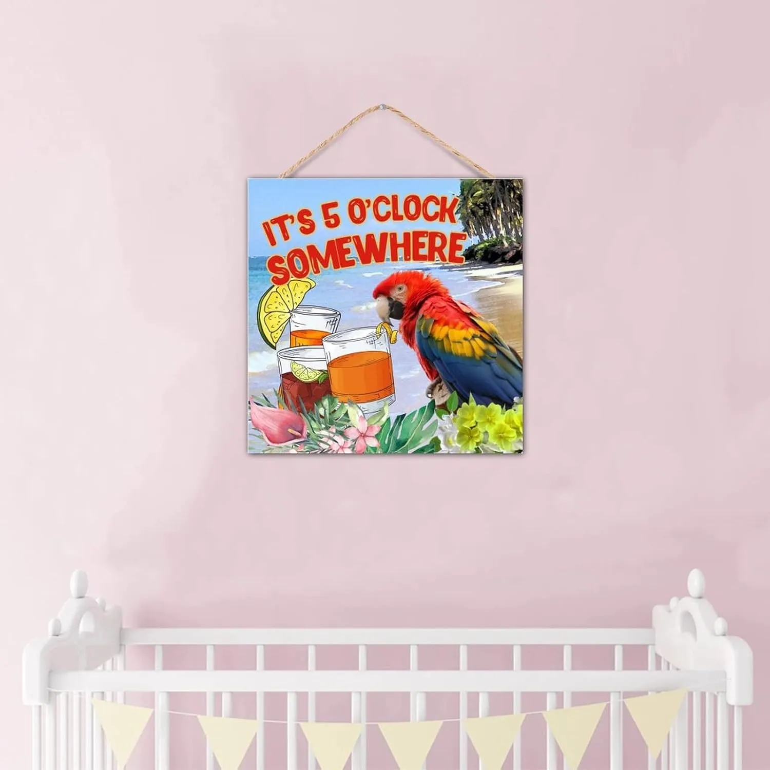 Inspirational Wood Wall Sign It's Five O'clock Somewhere Wall Art Decorative for Pantry Distressed Painted Wooden Plaque Sign Macaw Parrot Animal Pet Table Wall Decor Sign Gift Shelf 12x12in
